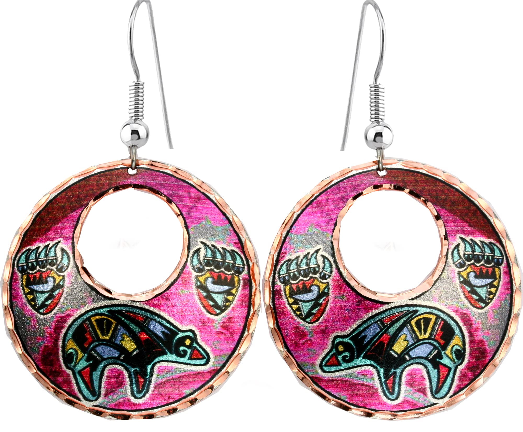 FRONT LINE JEWELRY Southwest Native Bear Earrings for Women, Handmade Copper Hoop Earrings with Bear Paw Design, Pink Background, Pink Outfit Matching Earrings, Bear Lover’s Gift (BearHoop)