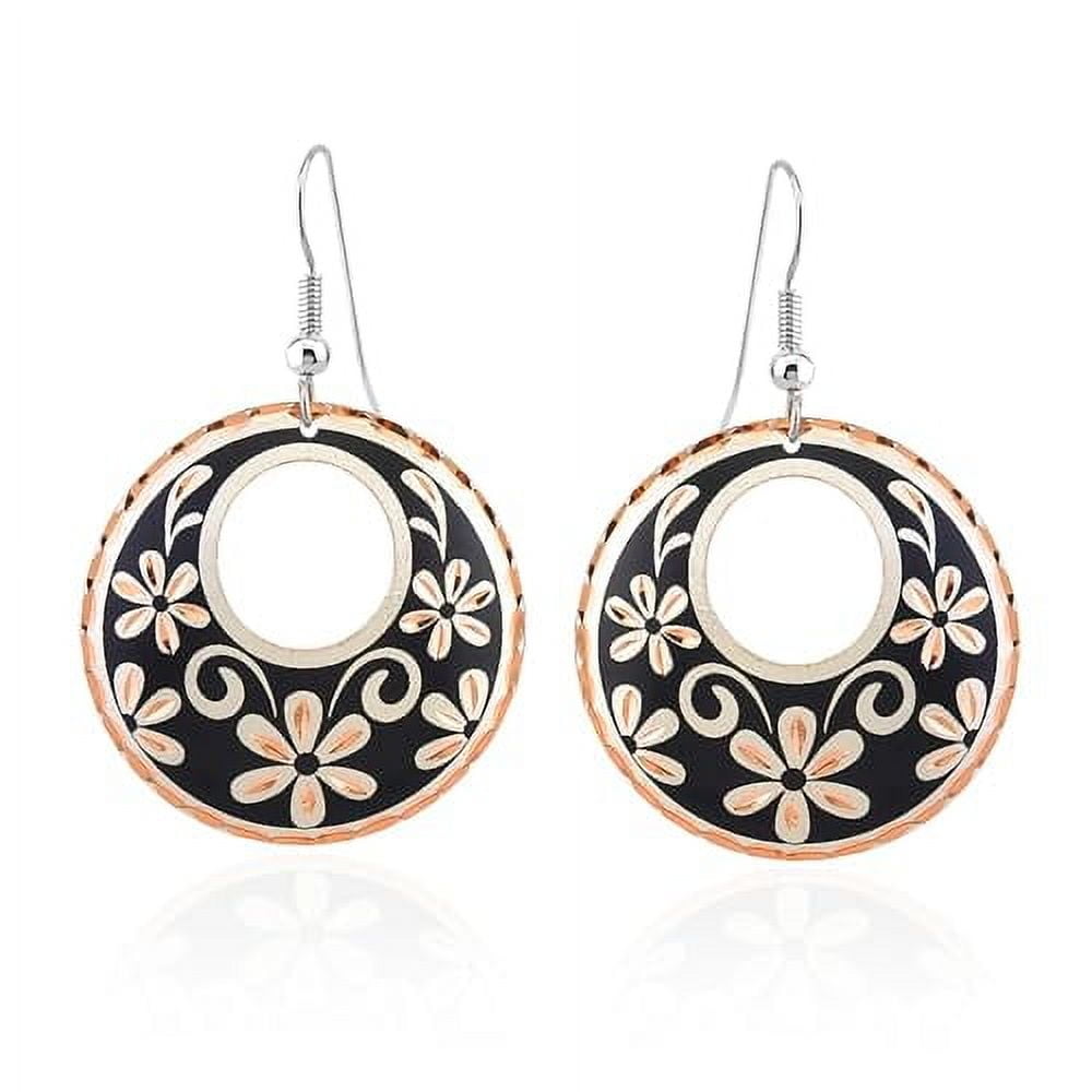 Copper Hoop Earrings featuring designs such as Wolves, Eagle, Bears, Cat, Dolphin, Horse, Inukshuk, Chief, Skull, Butterflies, Dragonflies, Kandinsky, Zuni, Sunburst, and Turtle (DaisyBlack)