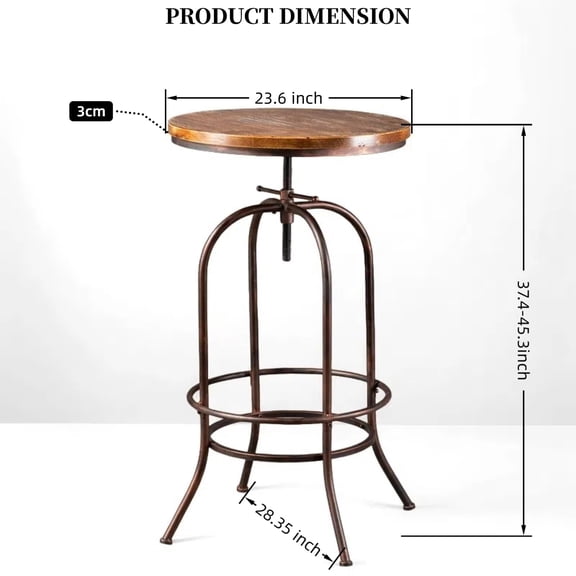 Copper Industrial Bar Stool Adjustable Height 37.4-45.3 Inch Swivel Pub Stool Solid Wood Top Metal Base With Footrest