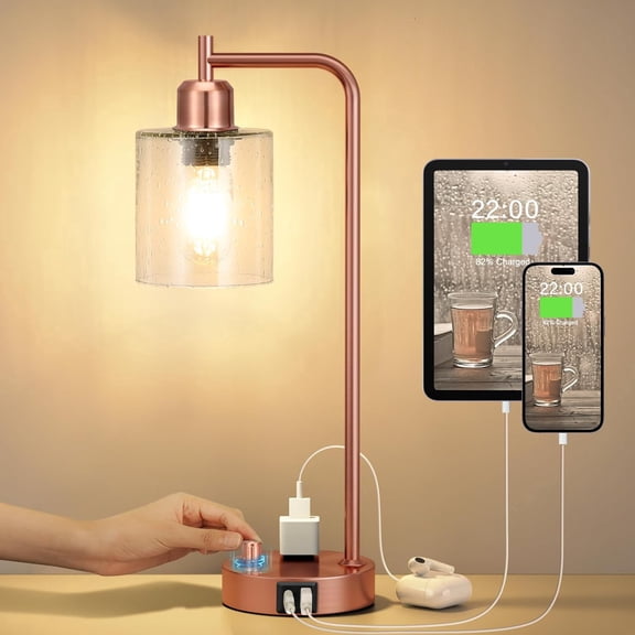 Copper Industrial Bedside Table Lamp for Bedroom - Nightstand Lamps with USB C Charging Port, Fully Dimmable Black Ports and Outlets, Small Desk Glass Shade Office Living Room