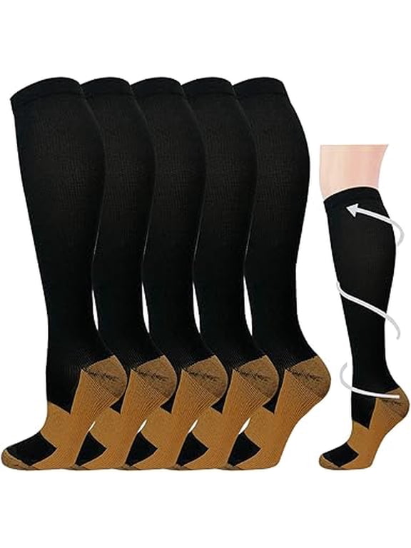 Copper Infused Compression Socks (5 Pairs), 15-20mmHg Support for Men & Women, Circulation Socks for Swelling, Varicose Veins, Running, Nurses & Travel