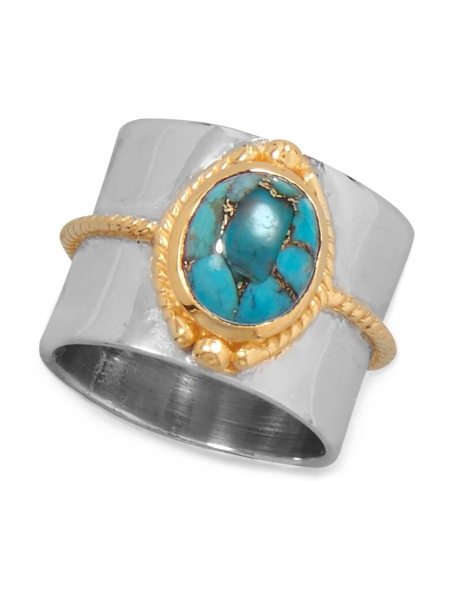 Copper Infused Wide Turquoise Ring Two Tone 14k Gold-plated Rope Design Copper Infused Wide Turquoise Ring Two Tone 14k Gold-plated Rope Design