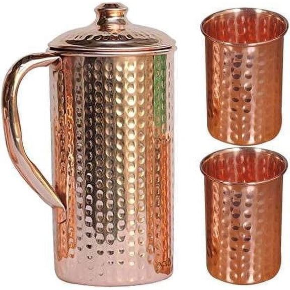 Copper Jug Hammered Pitcher Vessel Copper drinkware 1500 ML with 2 Hammered Copper Glass 200 ML Each