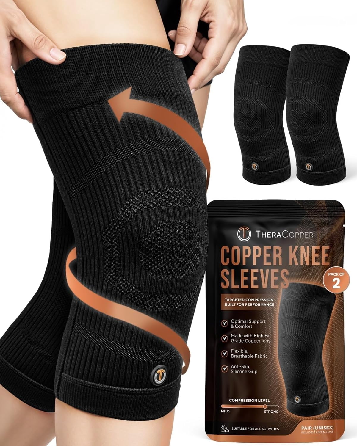 Copper Knee Br for Men & Women (2 Pack) — Non-Slip Compression Sleeve Arthritis, Knees Pain Relief, Swelling, Anti inflammatory and Recovery Support (Large)