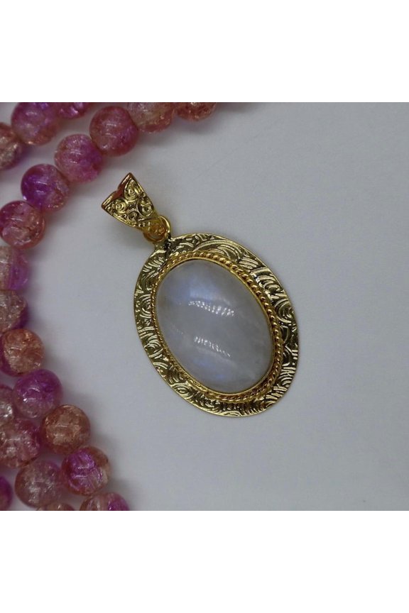 White Rainbow Moonstone Brass Pendant Handmade Spiritual Healing Crystal Jewelry, Gold Plated Bohemian Vintage Inspired Necklace Pendant