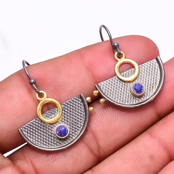 Copper Lapis Lazuli 925 Sterling Silver Black & Gold Plated Earring 1.37" E26, Gemstone Silver Jewelry, New Year Sale, Valentin's Day Gift