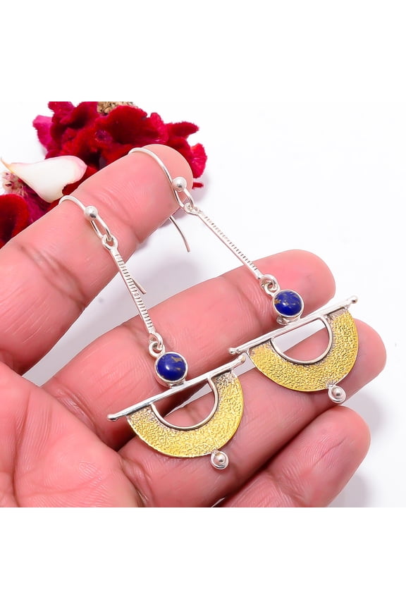Copper Lapis Lazuli 925 Sterling Silver Textured Basket Earring 2.89" Sku36, Handmade Jewelry, Dangle Earring