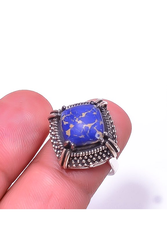 Copper Lapis Lazuli Solitaire Gemstone Handmade 925 Silver Plated Ring s.6.5, Blue Lapis Lazuli Ring R_8037_302_10