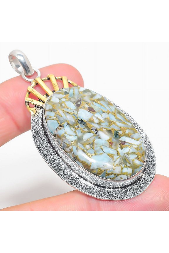 Natural Copper Larimar Gemstone Two Tone 925 Sterling Silver Pendant 2.60"