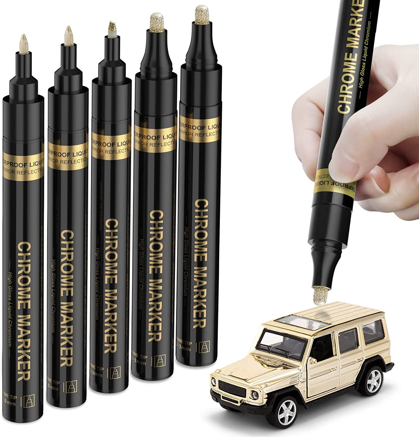 Copper Liquid Chrome Marker Set: 5pcs Oil- based Liquid Chrome Paint Pen, Permanent Reflective Chrome Touch Up Markers for Model Metal Plastic Glass Ceramic Cars Repair Tire DIY Art Craft(1-3mm)
