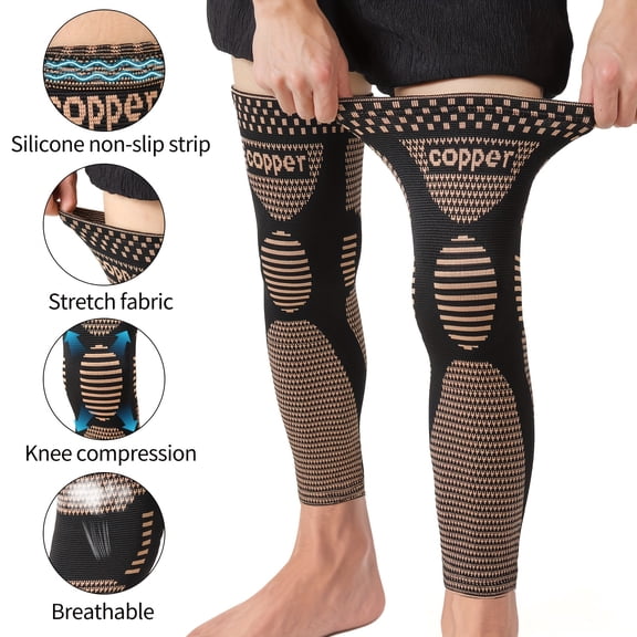 Copper Long Knitted Compression Knee Braces - Full Leg Compression Sleeves for Men & Women - Support for Exercise, Daily Life, Work, Fitness Running, Basketball, Volleyball