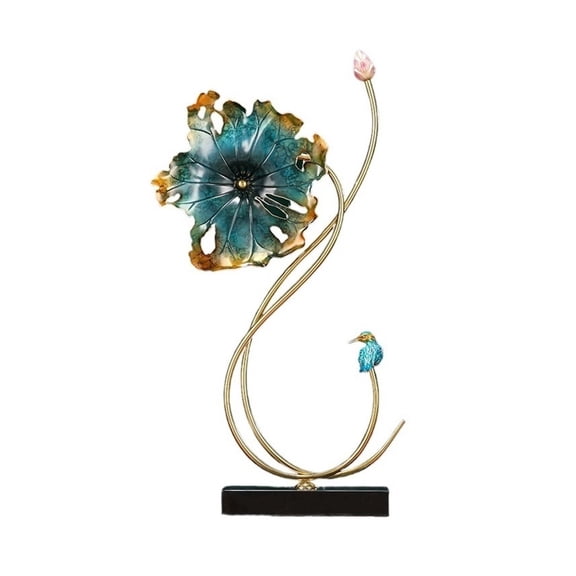 Copper Lotus Leaf Bird Sculpture Modern Desktop Ornament Art Decor for Shelf Mantel