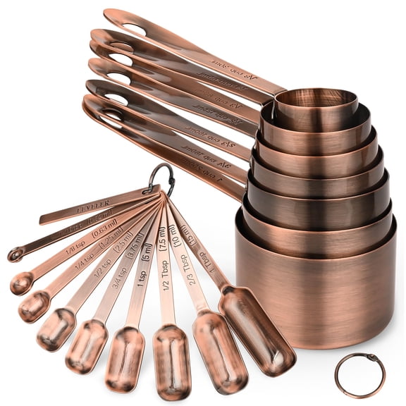Copper Measuring Cups And Spoons Set 17 For Dry & Liquid Metric Stainless Steel With Leveler Kitchen Baking 3/4 2/3 Measurer Cup