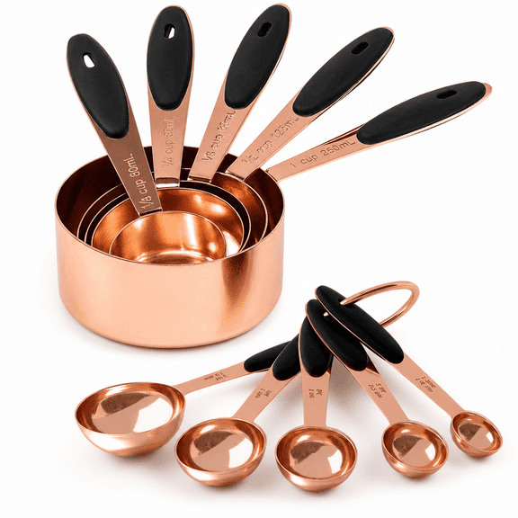 10 Pack Copper Nesting Measuring Cups & Spoons Set Stainless Steel Silicone Handles for Dry Liquid Ingredients