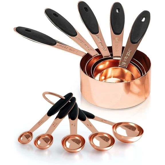 Copper Measuring Cups and Spoons Set of 10 Piece, Stainless Steel Nesting Measuring Cup Set with Soft Touch Silicone Handles for Dry and Liquid Ingredients