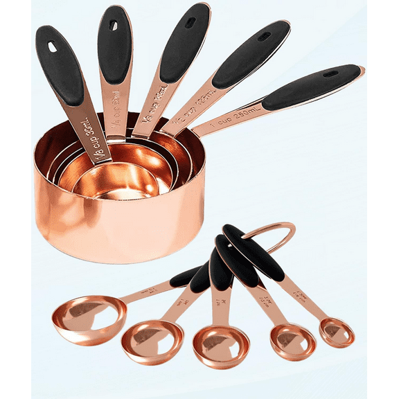 Copper Measuring Cups and Spoons Set of 10 Piece, Stainless Steel Nesting Measuring Cup Set with Soft Touch Silicone Handles for Dry and Liquid Ingredients