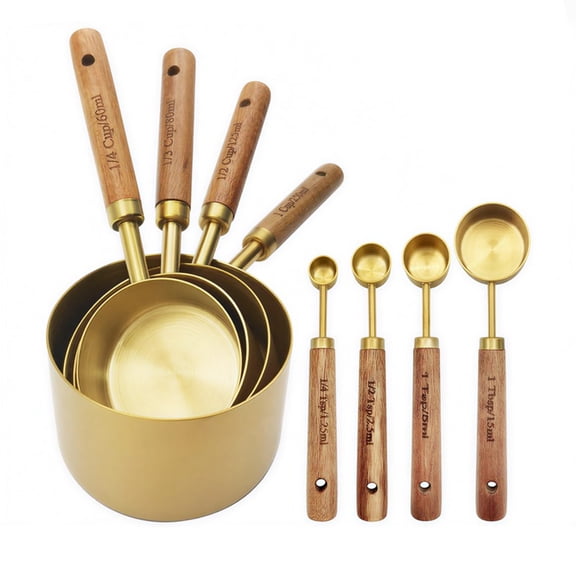 Copper Measuring Cups & Spoons Set 8-Piece, Stainless Steel with Wood Handles, Dual Scale Engraved Metric & US