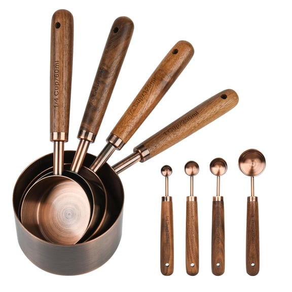 Copper Measuring Cups & Spoons Set 8 Stainless Steel And For Baking Kitchen Metric Metal Measure Cup Spoon With Wood Handle Dry Liquid