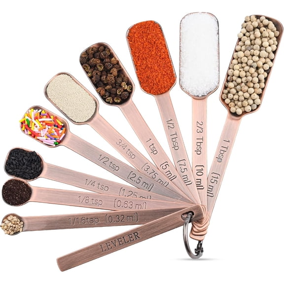 Copper Measuring Spoons Set 10, Stainless Steel Measuring Spoons with Leveler, Metric & Metal Measuring Spoons fro Baking & Kitchen, Dry&Liquid Long Handle Measruing Spoons for Jar