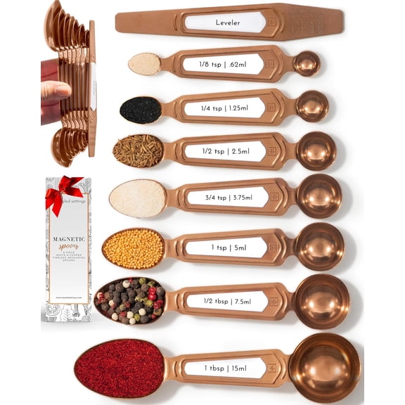 Copper Measuring Spoons Set with Leveler – 8-Piece Double-Sided Nesting Magnetic Measuring Spoons, Stackable & Spice Jar Friendly – Stylish Copper Kitchen Accessories and Decor for Baking and Cooking