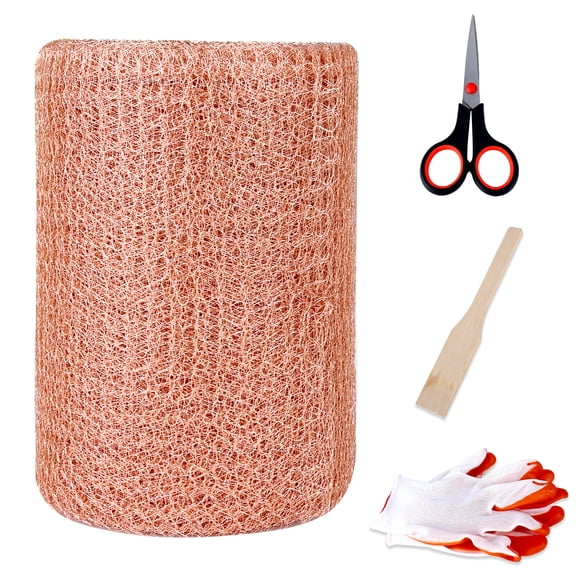 Copper Mesh Rodent Control Roll, 4" x 32 ft, 100% Premium Copper Wool for Sealing Holes, Blocks Mice, Slugs & Snails, with Scissors, Gloves, Shovel