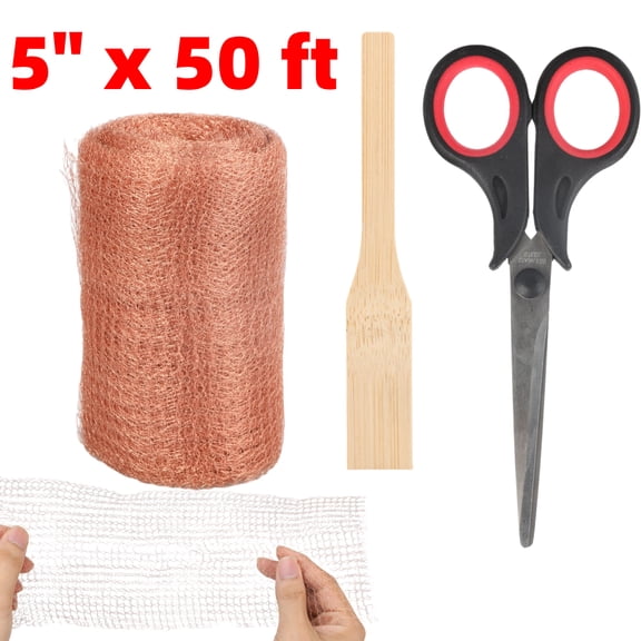 Copper Mesh Roll (5" x 50 ft), Blocker for HoleDouble Layer Copper Fill Fabric,Gap Hole Filler,Copper Wool for Bat Snail Bird Rodent Control,Copper Wire with Packing Tool and Scissors for Plants