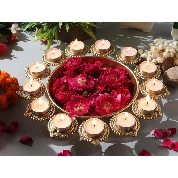 Copper Metal Decorative Metal Diya Traditional Diya Urli Tealight Holder Golden Bowl for Floating Flowers Home,Office Wedding Decor Size 14 Inches