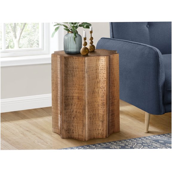 Copper Metal Drum Accent Table with Scalloped Design for Living Room and Bedroom