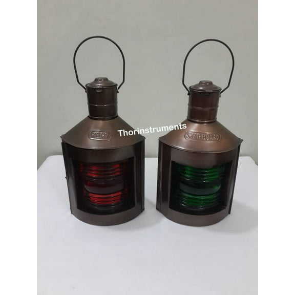 Copper Metal Port & Starboard Lanterns ~ Set of 2 ~ Ship Oil Lamps ~ Nautical Light Rustic Vintage Home Decor Gifts