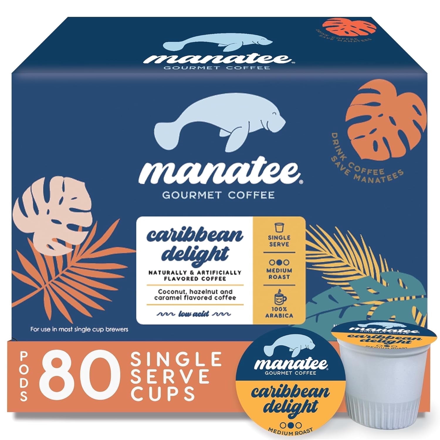 Manatee Gourmet Coffee Caribbean Delight, Single Serve Coffee K-Cup Pods, Medium Roast, 80 ct