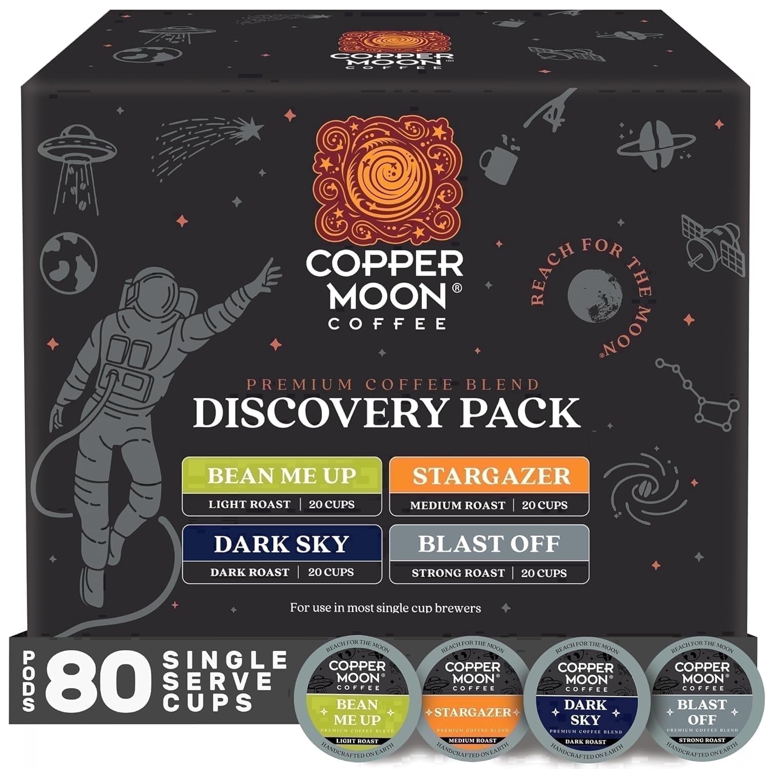 Copper Moon Discovery Variety Pack, Single Serve Coffee Pods for K-Cup Brewers, (20 ea: Bean Me Up, Dark Sky, Blast Off, Stargazer) 80 ct