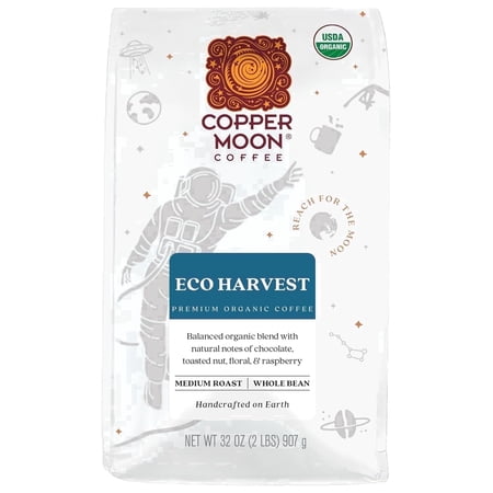 Copper Moon Whole Bean Coffee, Medium Roast, Eco Harvest Organic Blend, 2 lb Bag