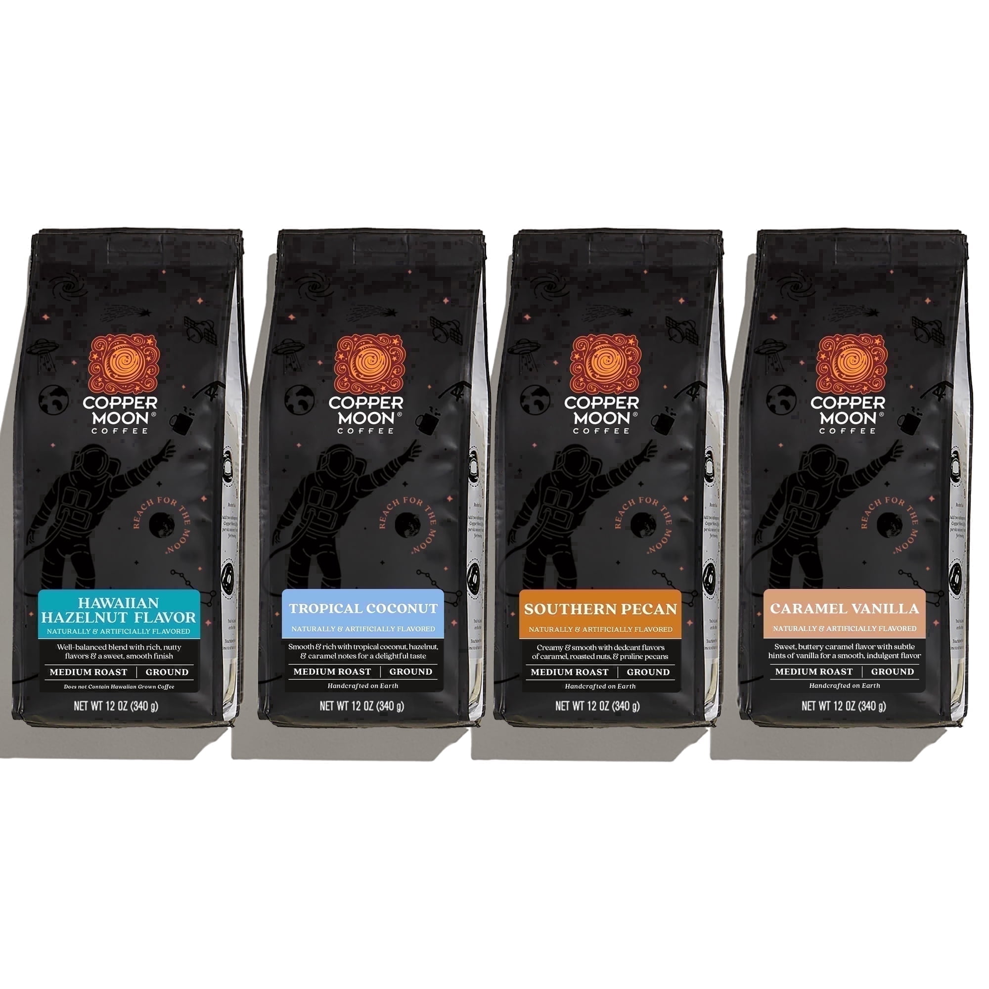 Copper Moon Ground Coffee Flavored Variety Pack, 12 oz ea: Caramel Vanilla, Tropical Coconut, Hawaiian Hazelnut, Southern Pecan, 48 oz