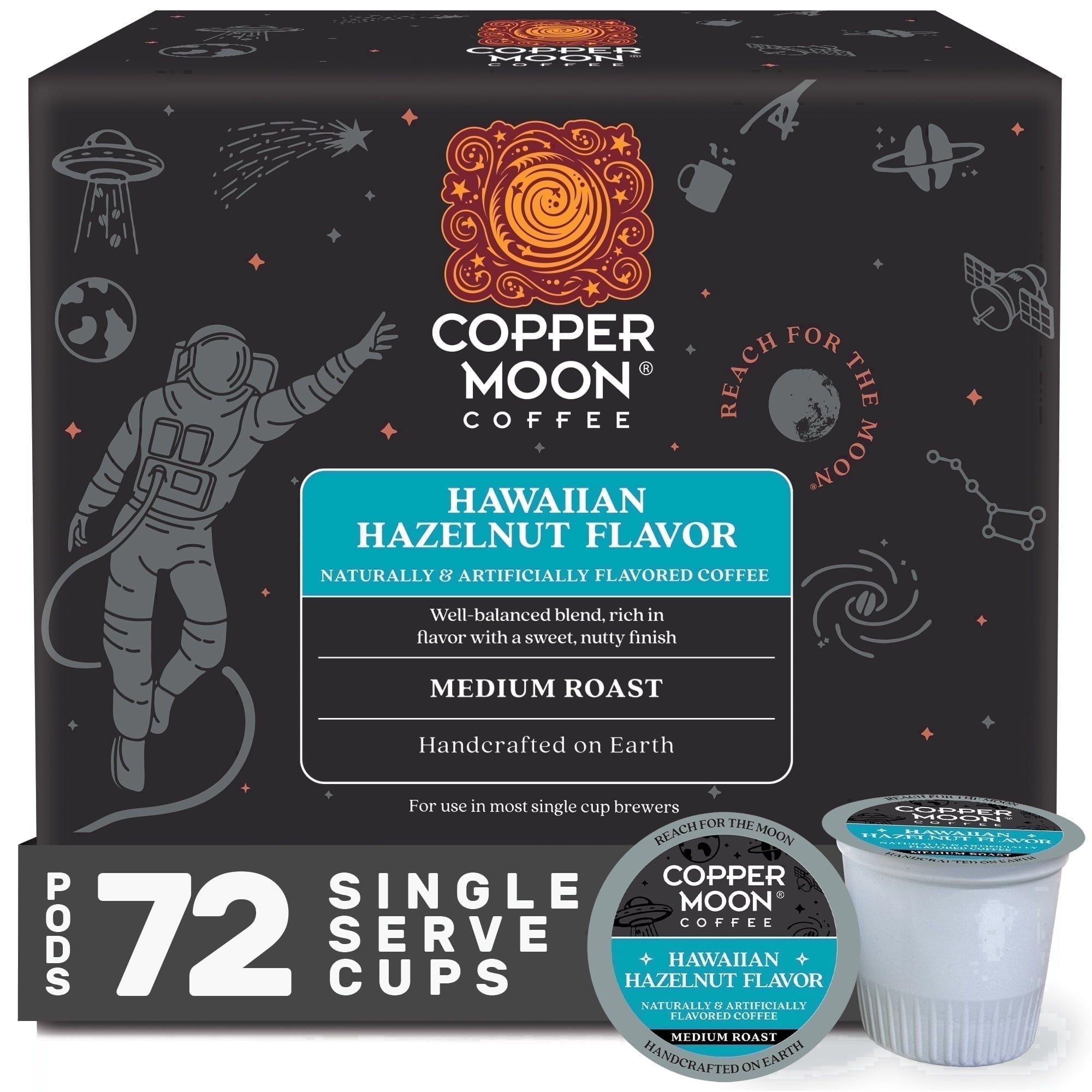 Copper Moon Single Serve Coffee Pods for Keurig K-Cup Brewers, Medium Roast, Hawaiian Hazelnut Flavored Blend, 72 Count