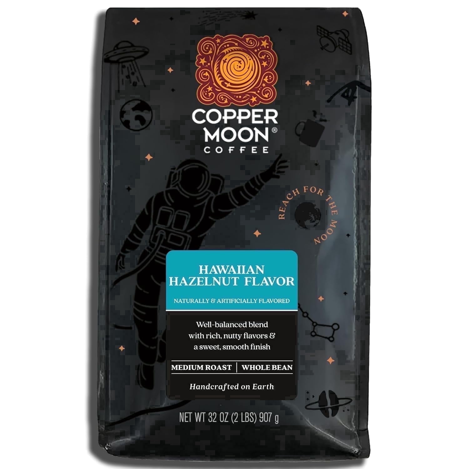 Copper Moon Whole Bean Coffee, Medium Roast, Hawaiian Hazelnut Blend, 2 lb Bag