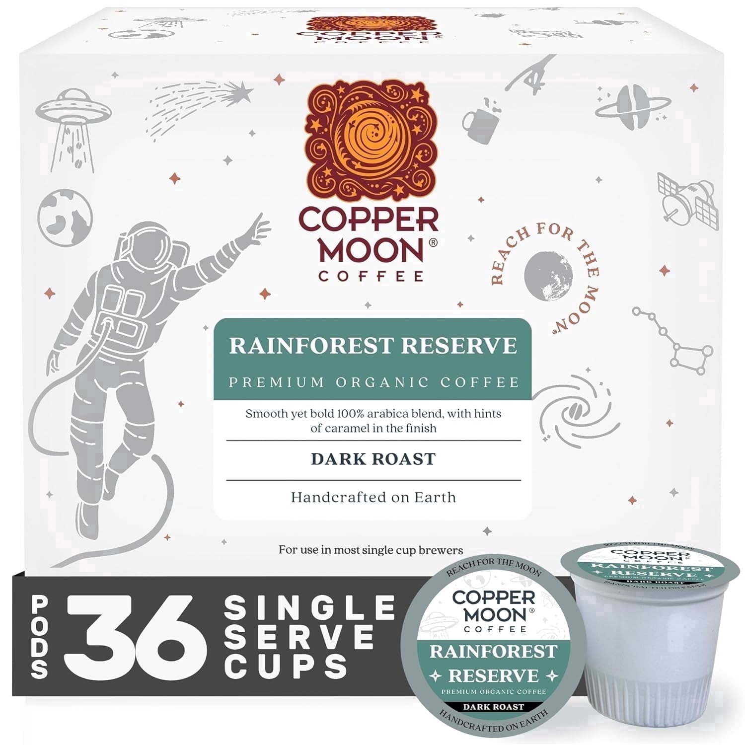 Copper Moon Single Serve Coffee Pods for Keurig K-Cup Brewers, Dark Roast, Rainforest Reserve Organic Blend, 36 Count