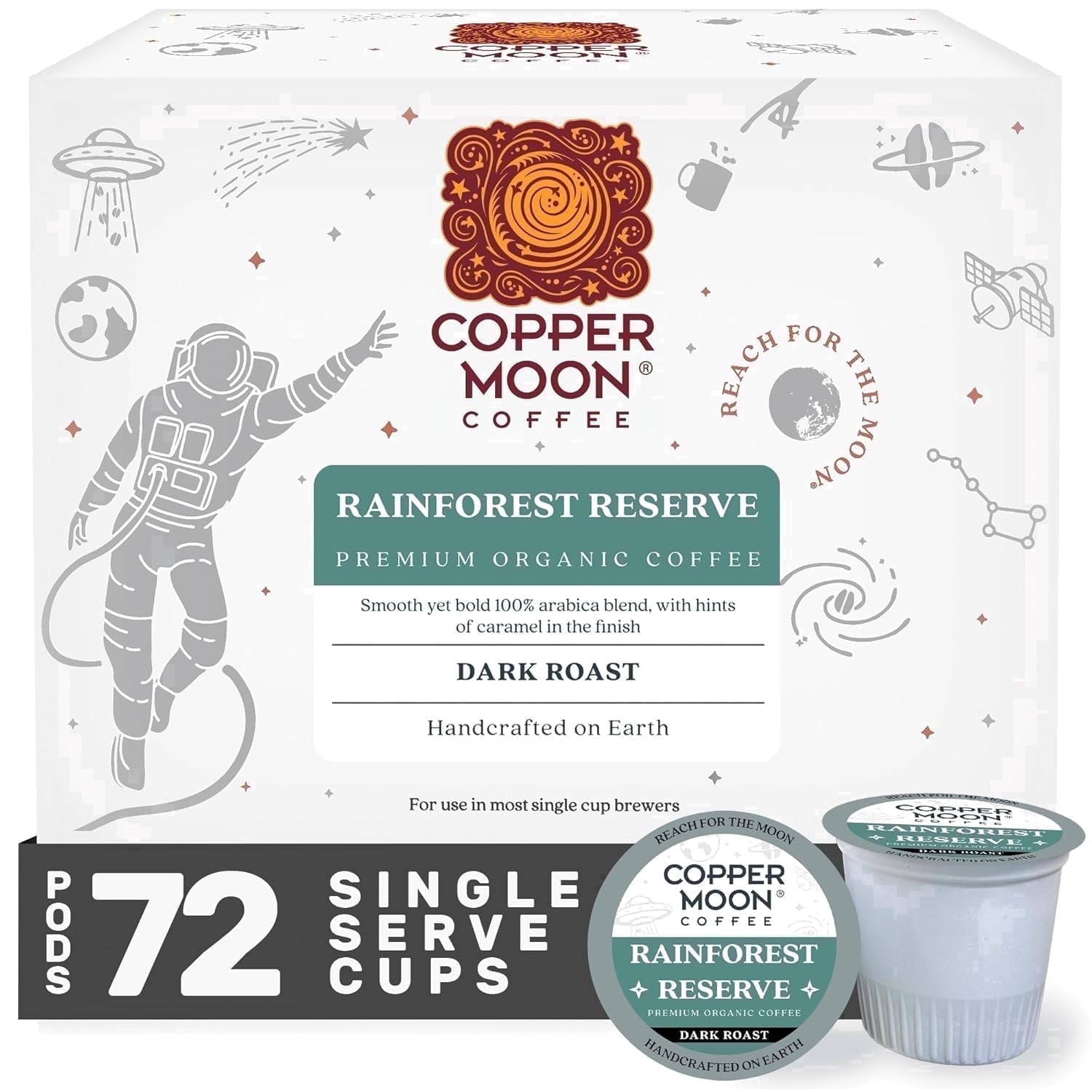 Copper Moon Single Serve Coffee Pods for Keurig K-Cup Brewers, Dark Roast, Rainforest Reserve Organic Blend, 72 Count