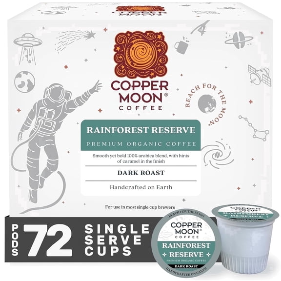 Copper Moon Single Serve Coffee Pods for Keurig K-Cup Brewers, Dark Roast, Rainforest Reserve Organic Blend, 72 Count