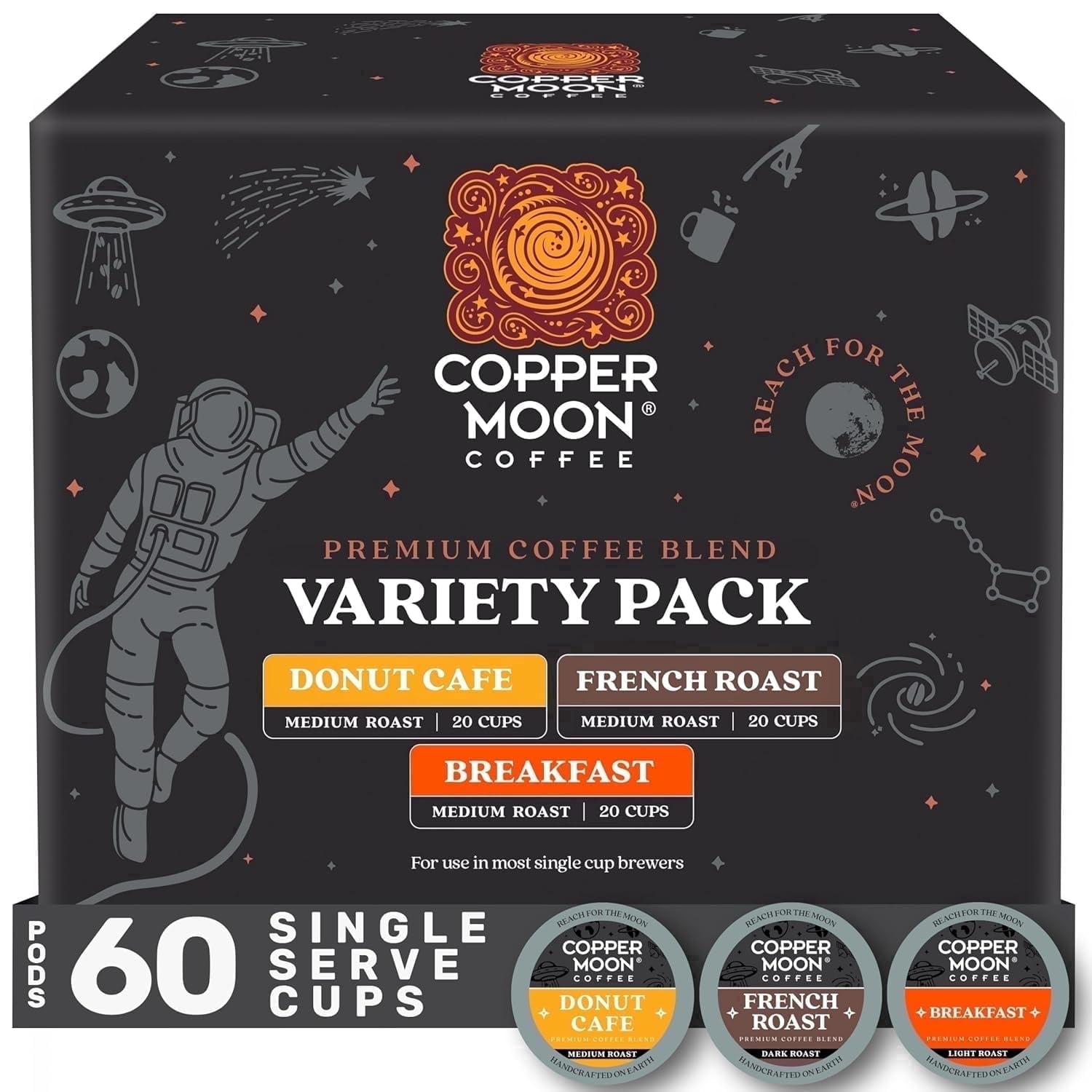 Copper Moon Single Serve Coffee Pods for Keurig K-Cup Brewers, Flavored Variety Pack (20 ea:Breakfast, Donut Cafe, French Roast), 60 Count