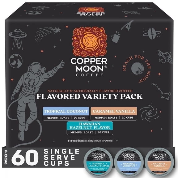 Copper Moon Single Serve Coffee Pods For Keurig K-Cup Brewers, Flavored Variety Pack (Caramel Vanilla, Tropical Coconut, Hawaiian Hazelnut), 60 Count