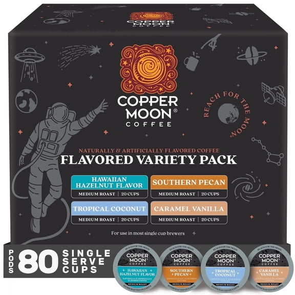 Copper Moon Single Serve Coffee Pods for Keurig K-Cup Brewers, Medium Roast, Flavored Variety Pack, (20 ea: Caramel Vanilla, Southern Pecan, Hawaiian Hazelnut, Tropical Coconut) 80 Count