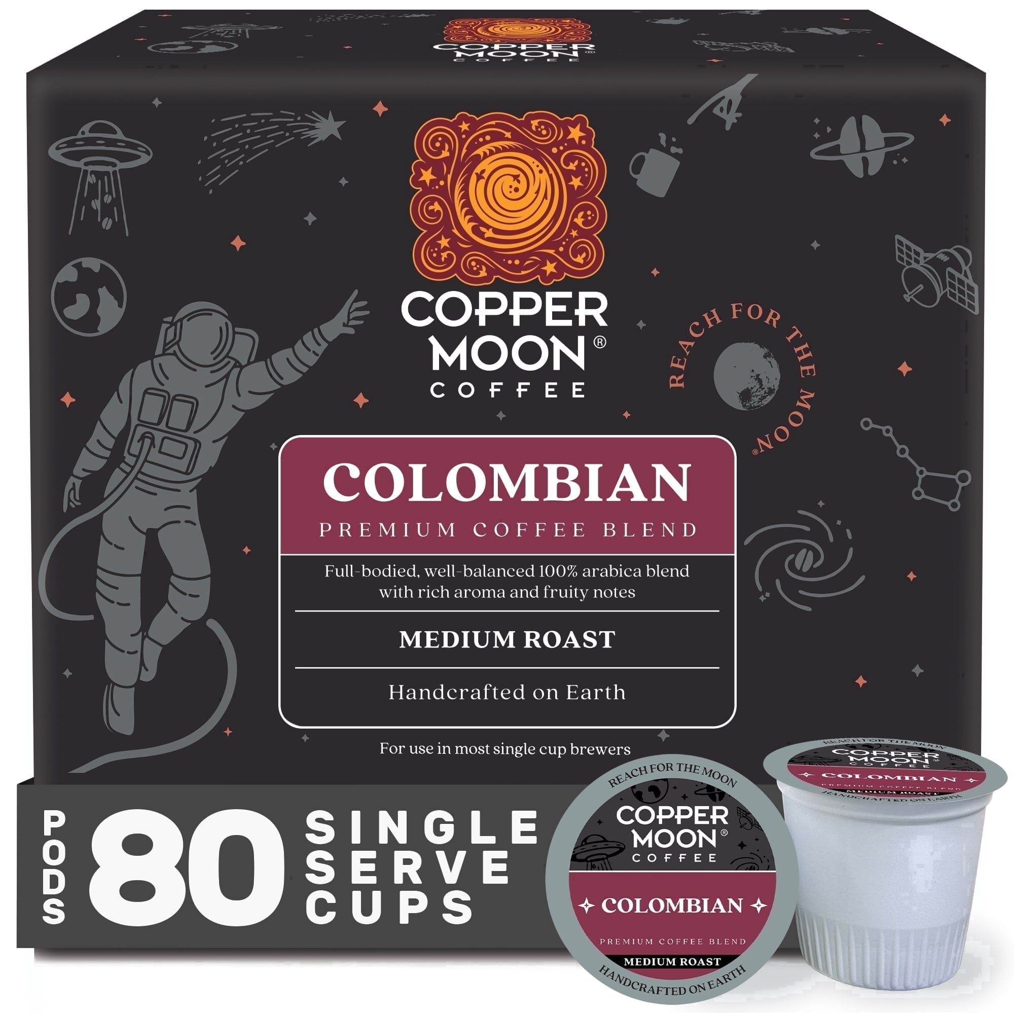 Copper Moon Single Serve Coffee Pods for Keurig K-Cup Brewers, Medium Roast, Colombian Blend, 80 Count