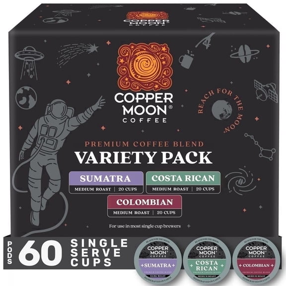 Copper Moon Single Serve Coffee Pods For Keurig K-Cup Brewers, Variety Pack (Colombian, Costa Rican, Sumatra), 60 Count