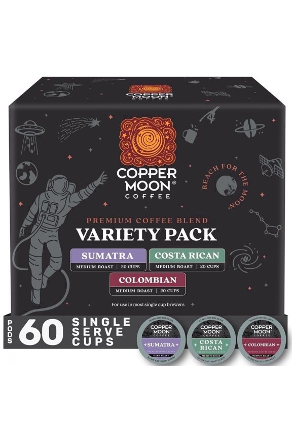 Copper Moon Single Serve Coffee Pods For Keurig K-Cup Brewers, Variety Pack (Colombian, Costa Rican, Sumatra), 60 Count