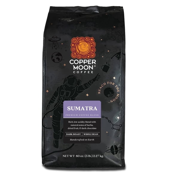 Copper Moon Whole Bean Coffee, Dark Roast, Sumatra Blend, 5 Lb. Bag