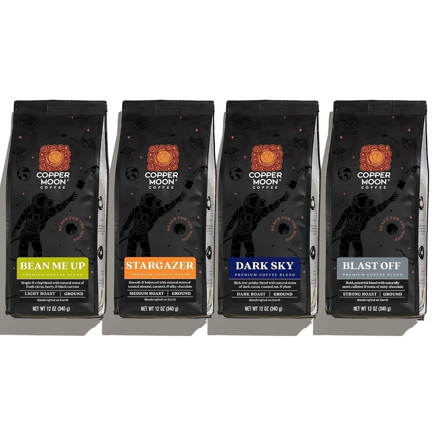 Copper Moon Variety Pack, Ground Coffee, (Blast Off, Bean Me Up, Stargazer, Dark Sky) (48oz) 4 - 12oz Bags, 3 lb
