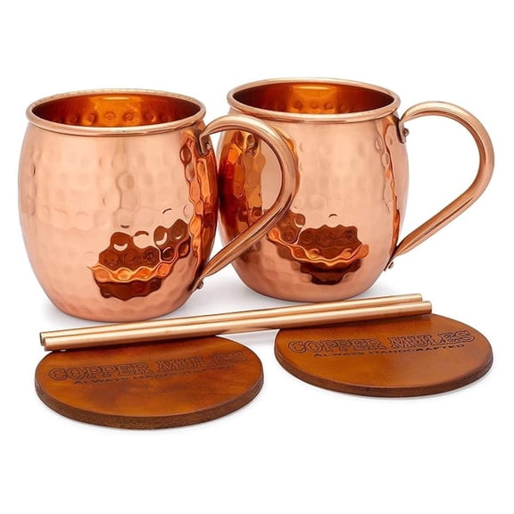 Copper Mugs Set of 2 - 16oz Moscow Mule Cups - Hammered Copper, Riveted Handle, EasyCare Interior & Leather Coasters