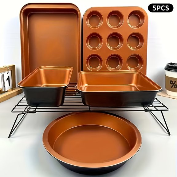 Copper NonStick Baking Pans Set, Carbon Steel Oven Bakeware Kit with Baking Tray, Loaf Pan, Round Pizza Pan, Muffin Cupcake Pan for Home Kitchen Baking