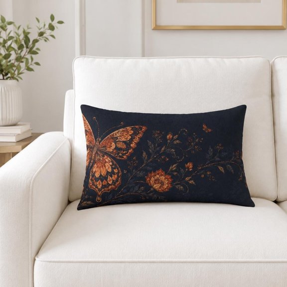 Copper Orange Butterfly and Floral Vine Navy, 30 x 20 in Lumbar Pillow Cover, Peach Skin Fabric, for Bedroom Decor, Cover Only, No Insert