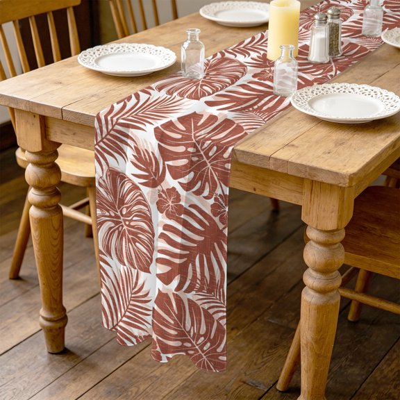 Copper Palm Leaves 10ft Cheesecloth Table Runner for Wedding 27"x120", Tropical Botanical Minimalist Modern Kitchen Dinner Sheer Tulle Chiffon Dresser Scarf, Holiday Party Decorations